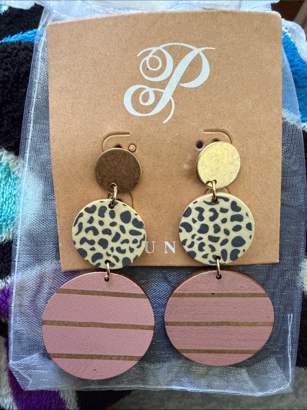 Statement gold-tone Leopard & pink Striped Drop Earrings
